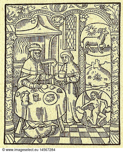 calendarium / calendars  labours of the months  January  woodcut  France  15th century  Capricorn  Aquarius  sign  zodiac  month image  months  people  Middle Ages  winter  wintertime  wintertide  eating  eat  fireplace  fireplaces  table  tables  historic  historical  medieval