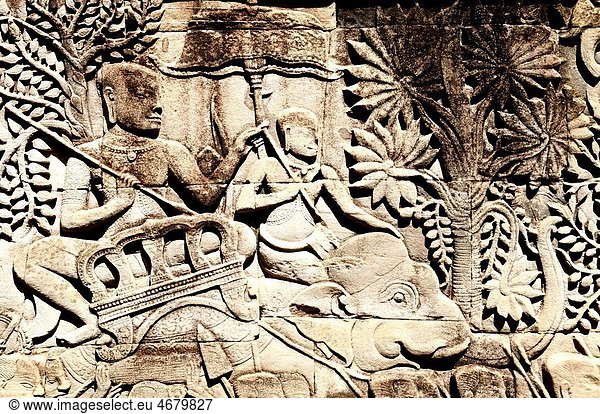 Cambodia Siem Reap Angkor classified World Heritage by UNESCO the ancient city of Angkor Thom Bayon Temple built by King Jayavarman VII detail of a bas-relief depicting a battle of Khmer warriors