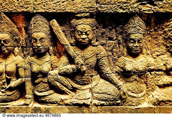 Cambodia  Siem Reap Province  Angkor site listed as World Heritage by UNESCO  bas relief detail of the terrace of the Leper King