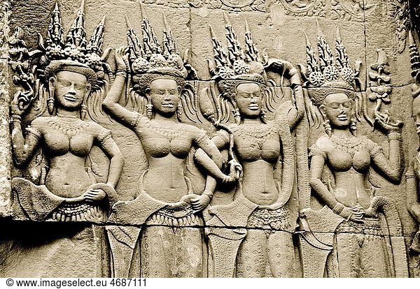 Cambodia  Siem Reap Province  Angkor site listed as World Heritage by UNESCO in 1992  Angkor Wat temple  bas-relief representing apsara dancer carving