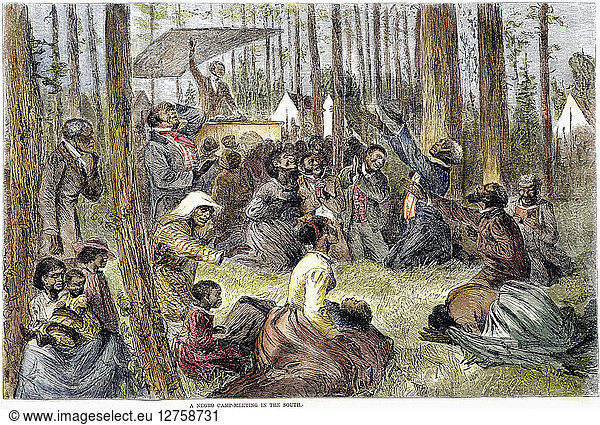 CAMP MEETING  1872. Camp meeting in the American South. Wood engraving  American  1872.