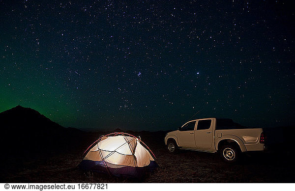 camping in Iceland under clear night sky