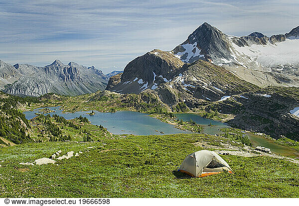 Campsite above Limestone Lakes Basin  Mount Abruzzi is in the background