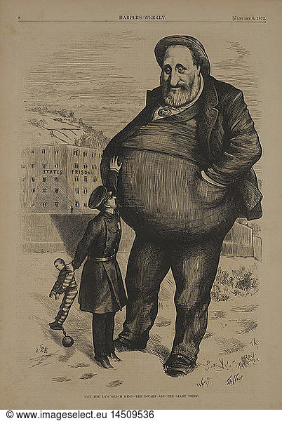 Can the Law Reach Him? The Dwarf and the Giant Thief  Drawing by Thomas Nast  Harper's Weekly  January 6  1872