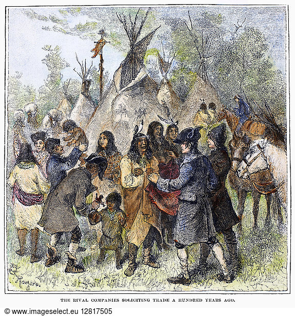 CANADA: FUR TRADE  c1780. Agents of the Hudson's Bay Company and the North-West Company competing for trade with Native Americans in Canada  c1780. Wood engraving  American  1879.