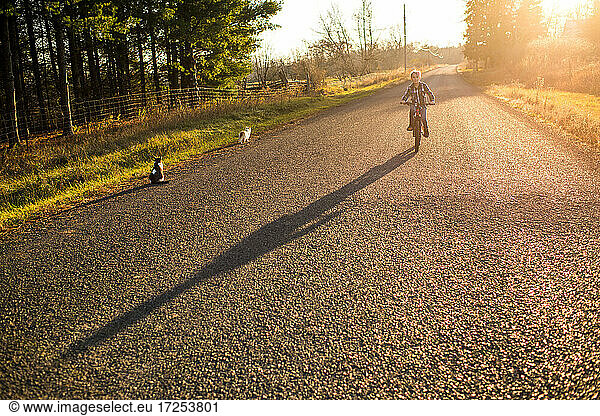 Canada  Ontario  Boy riding bike on rural road at sunset