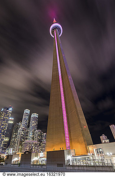 Canada  Ontario  Toronto  CN Tower  pink light  moving clouds  long exposure