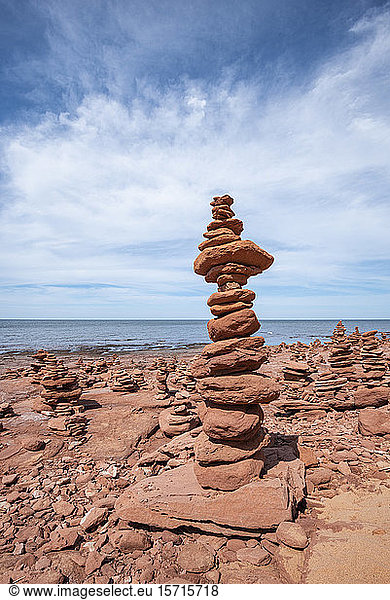 Canada  Prince Edward Island  Sandstone cairns on Cavendish Beach
