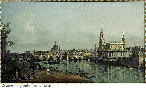 Canaletto  born Giovanni Antonio Canal 
1697 – 1768 
Italian painter. “Dresden from the right bank of the Elbe below the Augustus Bridge .
(View across the Elbe of Augustus Bridge  Frauenkirche and the Catholic Court Church under construction). Painting (copy) 
Oil on canvas 
95 × 165 cm. Inv. No. Gal.– No. 630
Dresden  Picture Gallery  Old Masters.