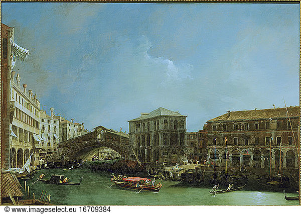 Canaletto (born Giovanni Antonio Canal) 
1697 – 1768 
Italian painter. The Rialto Bridge from the north   1725. Oil on canvas  91.5 x 135.5 cm. Private collection.