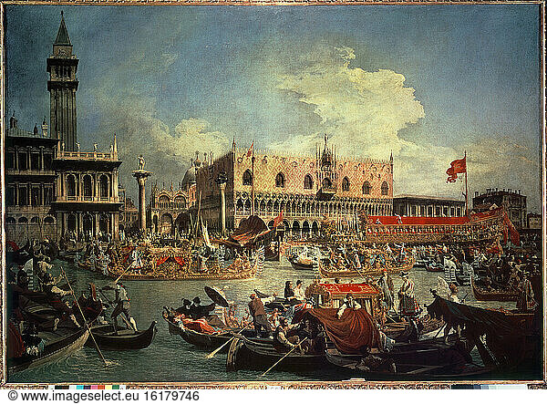 Canaletto  byname for Antonio Canal. 1697–1768. “The Return of the Bucentaur . (Ceremonial reception of the Doge’s state ship on the Canale Grande.)
Oil on canvas.
Milan  Aldo Crespi Collection.