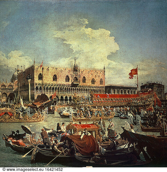 Canaletto  real name: Antonio Canal 1697–1768.
“The Return of the Bucentaur (The ornate ship of the Venetian Doges on Canale Grande of Venice). Detail.
Oil on canvas.
Milan  Aldo Crespi collection.