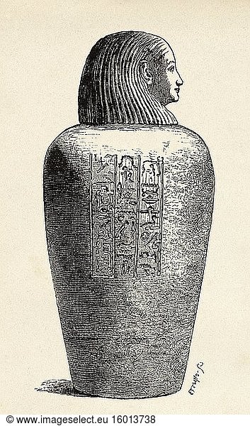 Canopic Jar  container where the viscera of the deceased were deposited  Ancient Egypt. Old 19th century engraved illustration  El Mundo Ilustrado 1880.