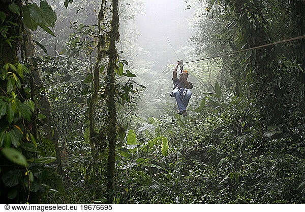 Canopy cable ride at Monteverde cloud forest. Costa Rica.