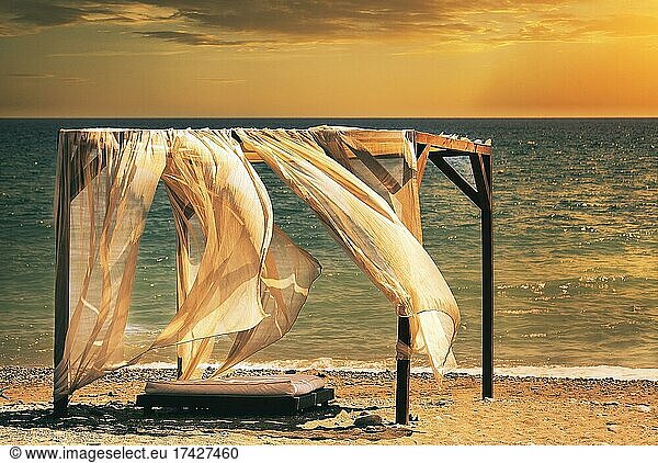 Canopy for beach loungers with curtains  beach  Rhodes  Greece  Europe