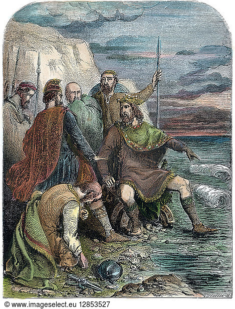 CANUTE I (c995-1035). King of England (1016-35)  of Denmark (1019-35)  and of Norway (1028-35). Canute convinces his courtiers that he does not have power to stem the tide. Wood engraving  English  19th century.