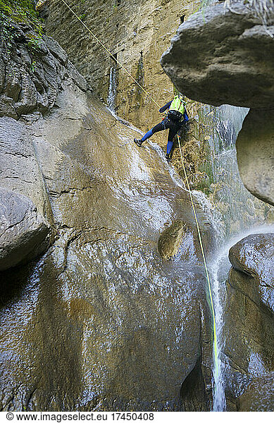 Canyoneering Aguare Canyon in the Pyrenees  Huesca Province in Spain.