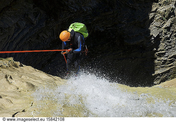 Canyoneering Lucas Canyon in Tena Valley Pyrenees.