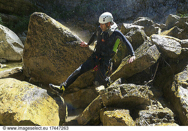 Canyoning Furco Canyon  Broto village  in Pyrenees  Spain.
