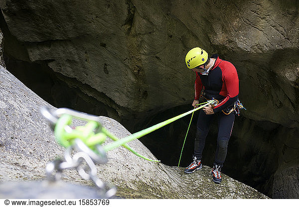 Canyoning Gloces Canyon in Pyrenees.