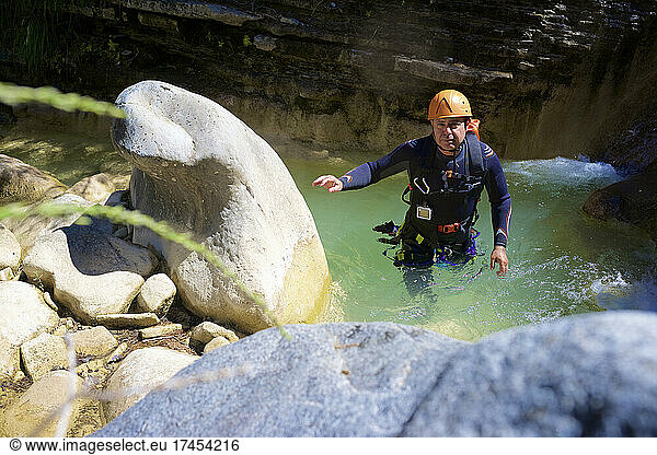 Canyoning Lucas Canyon in Tena Valley  Pyrenees  Spain.