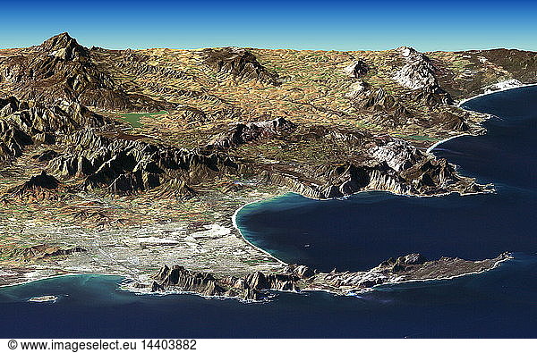 Cape Town and Cape of Good Hope  South Africa  in foreground of perspective view generated from Landsat satellite image and elevation data from the Shuttle Radar Topography Mission (SRTM). Credit NASA. Science Earth Geology