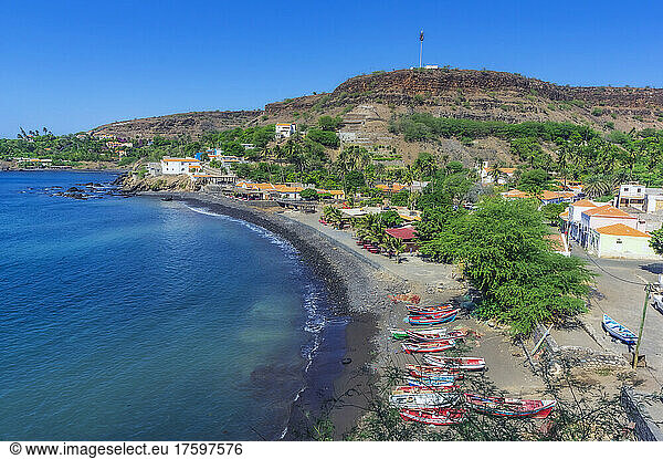 Cape Verde  Sao Vicente  Mindelo  Edge of coastal city in summer with hill in background