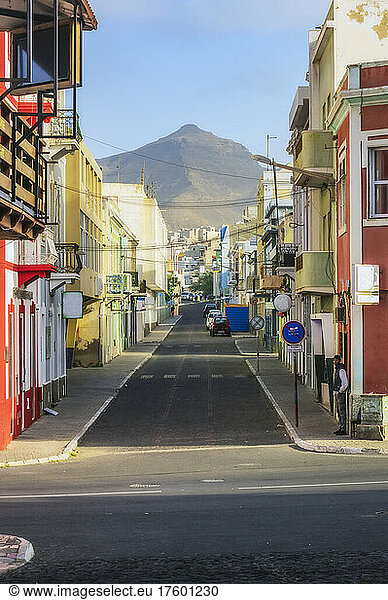 Cape Verde  Sao Vicente  Mindelo  Empty city street with mountain in background