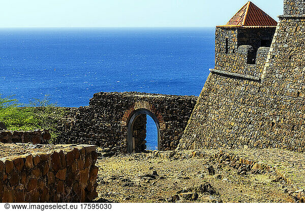 Cape Verde Â SaoÂ Vicente  Mindelo Â Fortified walls of coastal city with Atlantic Ocean in background
