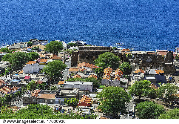 Cape Verde  Sao Vicente  Mindelo  Houses of coastal city with Atlantic ocean in background