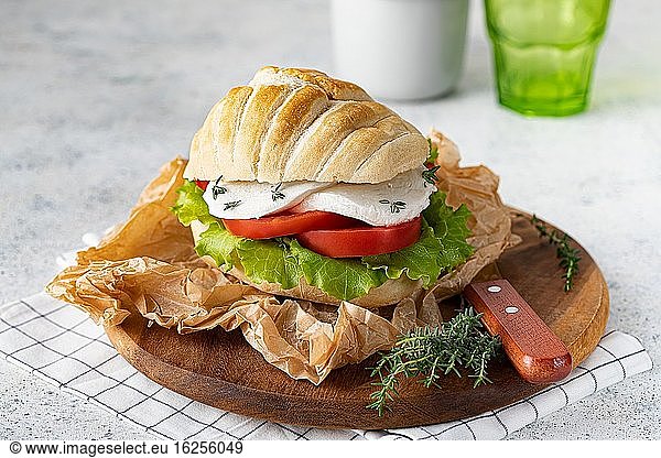 Caprese sandwich with mozzarella cheese  tomato and lettuce.