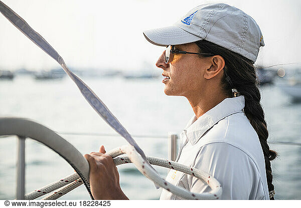 Captain Shivani Sood on Newport sailing charter Heritage 12M