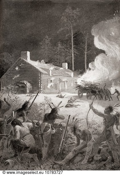 Capture of Brookfield  Massachusetts  North America by Nipmucks in 1675 during King Philip´s War  aka First Indian War  Metacom´s War  Metacomet´s War  or Metacom´s Rebellion. From The History of Our Country  published 1899.