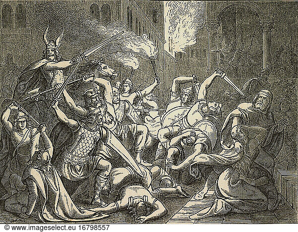 Capture of Rome by the Visigoths under Alaric  410. “Alaric  King of the Visigoths  storms Rome in the year 410 . Wood cut  about 1860  after Fresco of
1825/30 in the arcades of the Hofgarten in Munich.