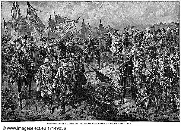 Capture of the Austrians by Frederick's Dragoons at Hohenfriedberg  Illustration  Ridpath's History of the World  Volume III  by John Clark Ridpath  LL. D.  Merrill & Baker Publishers  New York  1897