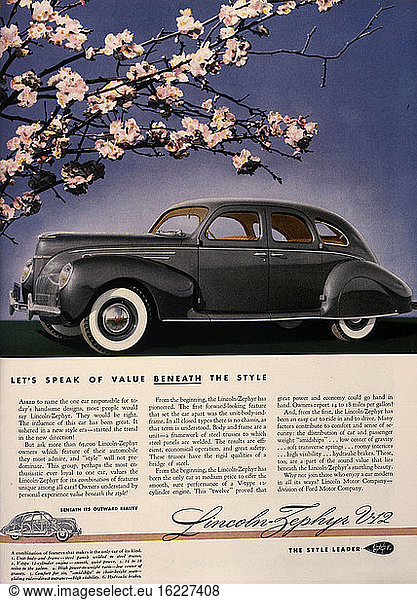 Car advert for the Lincoln Zephyr 1939