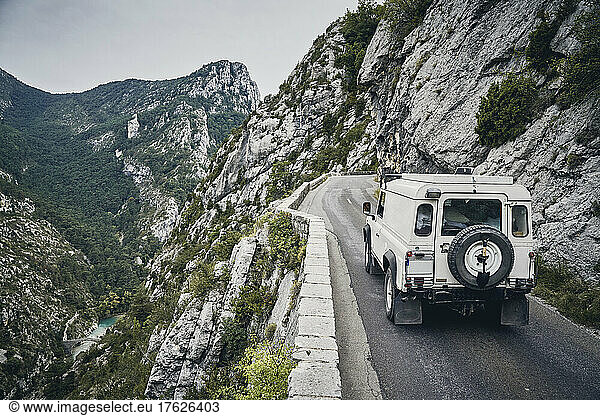 Car on mountain ridge  Verdon Gorge  Provence  France