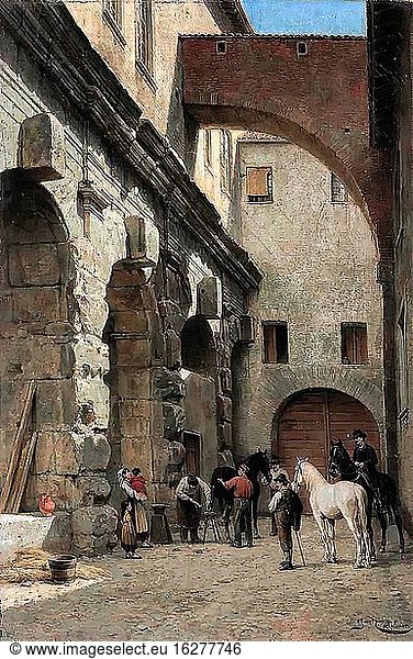 Carabain Jacques Francois - a Blacksmith Fitting Horseshoes in a Roman Courtyard - Belgian School - 19th Century.