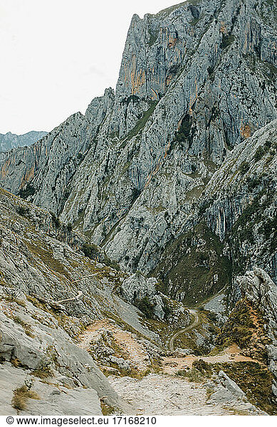 Cares Trail on rock mountain at Picos De Europe National Park  Asturias  Spain