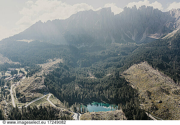 Carezza lake by dolomites mountain in South Tyrol  Italy