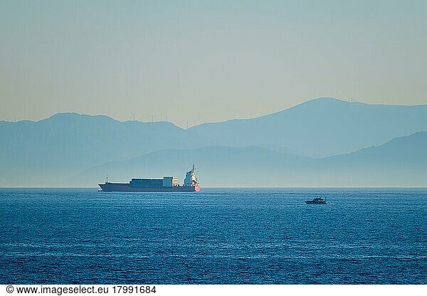 Cargo vessel ship in Aegean Sea Mediterranean sea. Greece