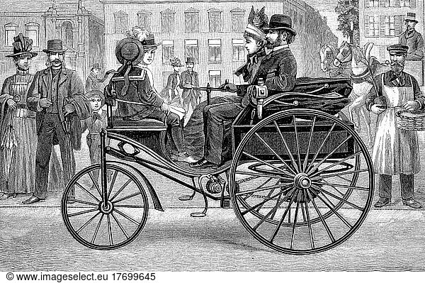 Carl Benz  Der Benz Patent-Motorwagen Nr. 3 1888 von Bertha Benz zur ersten Langstreckenfahrt mit dem Auto  digital restaurierte Reproduktion einer Vorlage aus dem 19. Jahrhundert  genaues Datum nicht bekannt