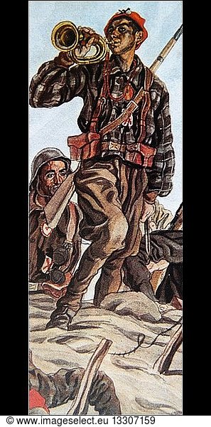 Carlist propaganda illustration of Carlist bugler playing.