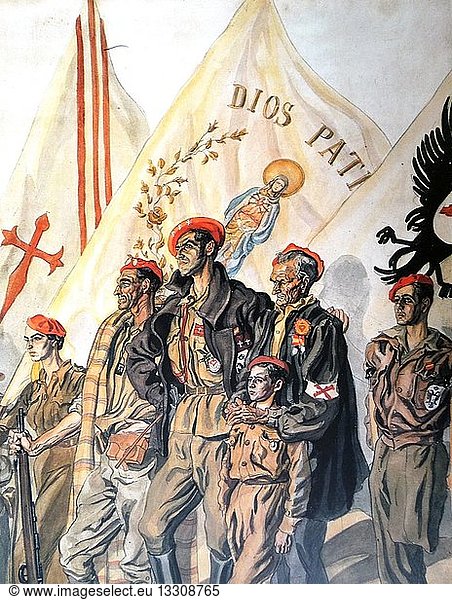 Carlist propaganda illustration of militia with flag saying; God and fatherland.