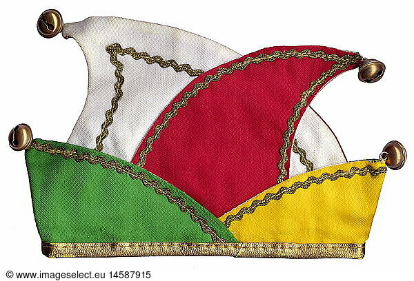 carnival  duncecap  prince cap  1970s  70s  20th century  historic  historical  Shrove Tuesday  symbol  symbolic  clipping  cut out  bell  bells  little bell  costume  theatrical costume  costumes  hat  cut-out  cut-outs