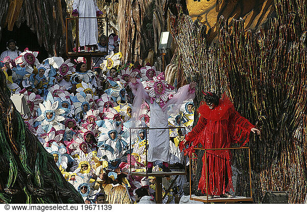 Carnival is characterized by paper mache floats representing caricatures of politicians and fictional creations.