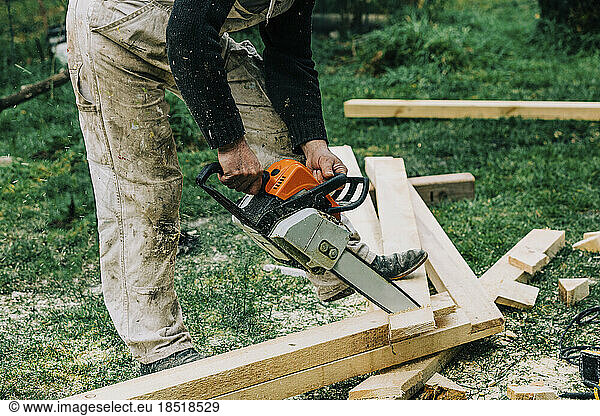 Carpenter cutting wood with chainsaw on grass