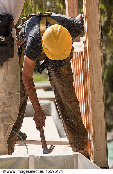 Carpenters using claw hammer at a construction site