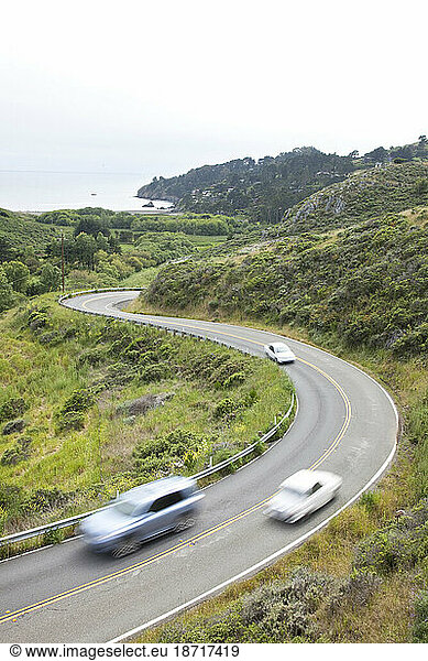 Cars driving on the road to Muir Beach in Golden Gate National Recreation Area.