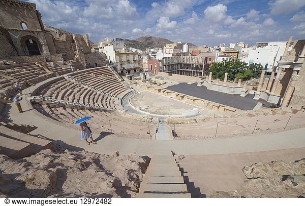 Cartagena  Spain - 2018 Sept 14th: overview of the stage and stands of Roman Theater of Cartagena city in Spain.